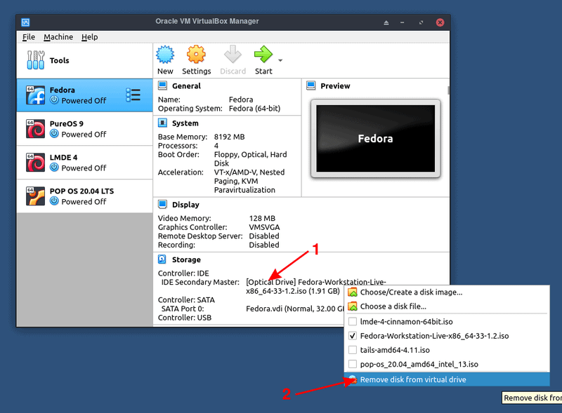 从光盘驱动器中删除Fedora Iso