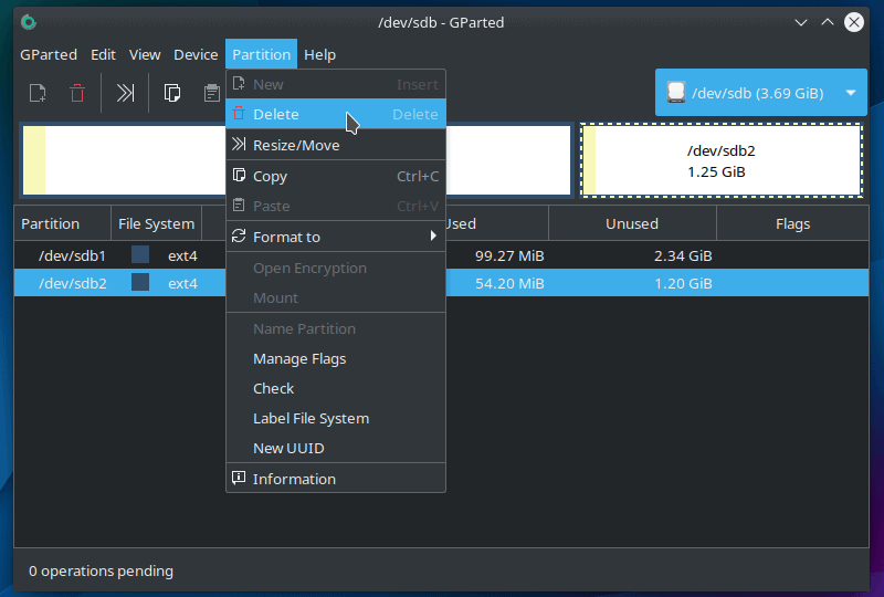 使用 GParted 在 Linux 中删除分区