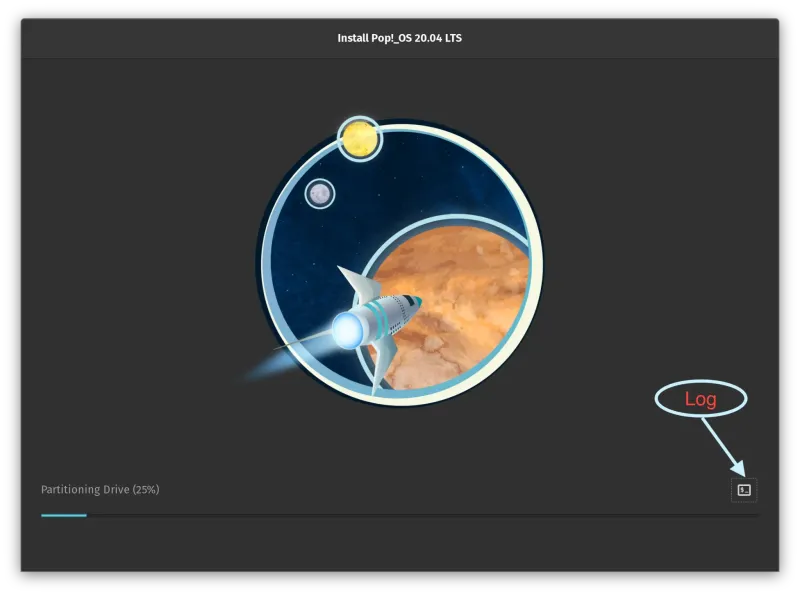 Pop!_OS 安装屏幕，加上日志按钮